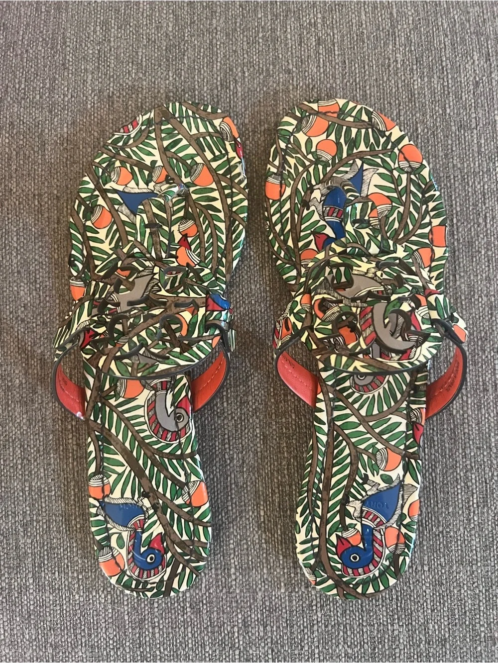 Tory Burch Multicolor Botanical Print Miller Sandals - Green, Orange, Blue 8.5